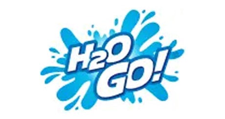 The logo for H2O GO! featuring blue text and splash graphics.
